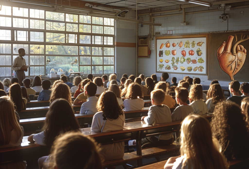 Children in a classroom setting learning about heart health