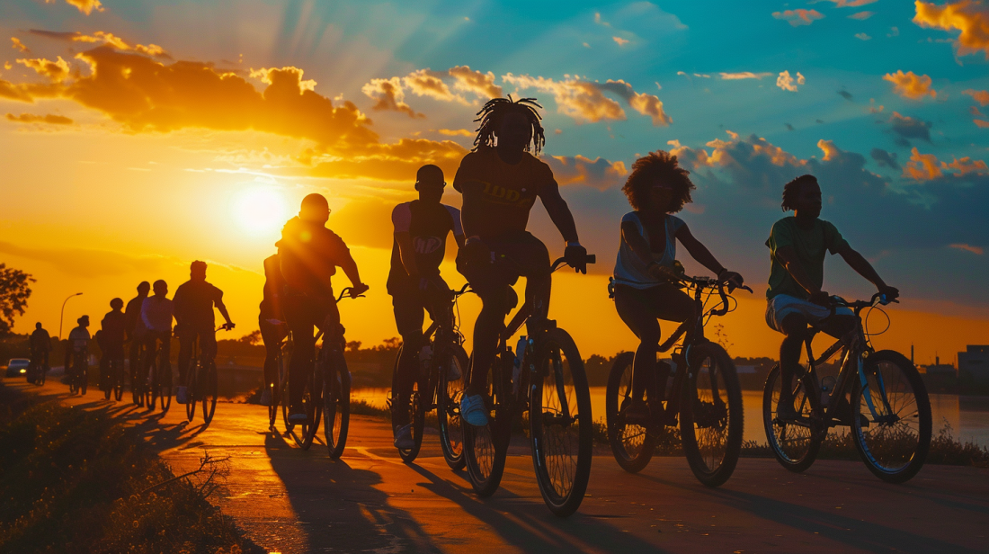 a group of cyclists from different ethnic backgrounds, mostly African American are riding along a scenic path at sunset. The sky is painted with beautiful hues of orange and yellow, creating a stunning backdrop against the silhouettes of the cyclists. The sun is low in the sky, casting long shadows and giving the scene a warm, golden glow. The group consists of both men and women some with dreadlocks, all pedaling in unison, enjoying the tranquil setting. The path they are on appears to be along a waterfront, as there is a body of water visible to the left of the cyclists. The overall mood of the image is serene and picturesque, capturing the joy and relaxation of an evening ride.