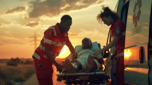 an intense emergency medical situation outside an ambulance during a dramatic sunset. Two paramedics, a man and a woman, dressed in red uniforms with visible logos, are in the process of transferring an older black male patient from a stretcher into the ambulance. The patient appears to be in a serious condition, lying on the stretcher. He is wearing casual attire consisting of an white t-shirt and shorts. The male paramedic is at the foot of the stretcher, ensuring the patient's legs are secure, while the female paramedic is at the head of the stretcher, attentive to the patient’s upper body and readiness for transport. The scene is set on a roadside with a blurred natural landscape in the background, emphasizing the urgency and critical nature of the medical care being provided. The setting sun casts a warm glow over the scene, highlighting the urgency and the paramedics’ swift actions in a calm, composed manner. style setting