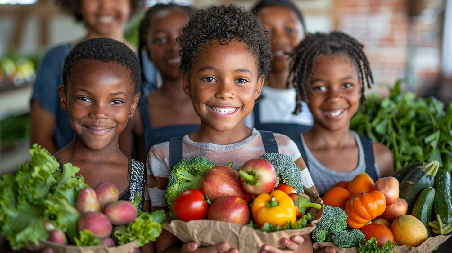 Black kids holding fruits and veggies